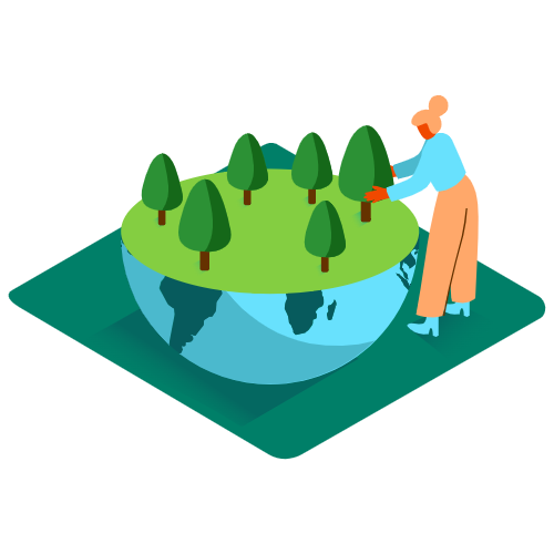 Desenho do planeta terra cortado ao meio com uma floresta e acima e uma mulher loira cuidando dela